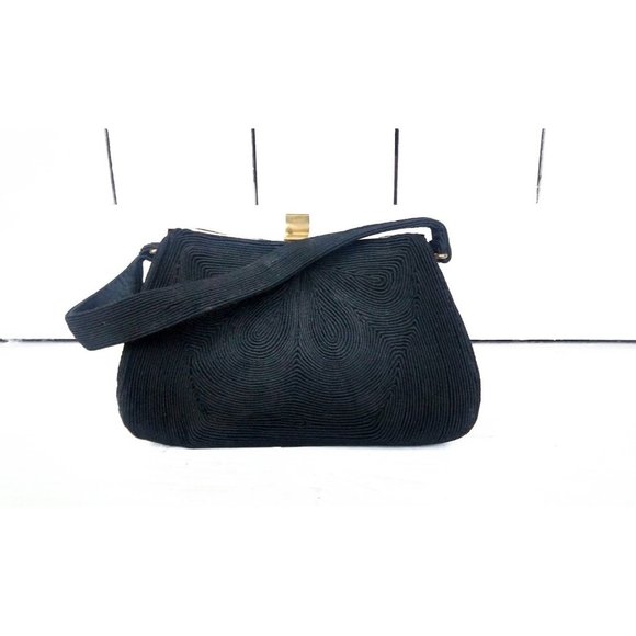 Vintage 1950s black chord evening handbag/50s small black frame purse - Picture 2 of 6